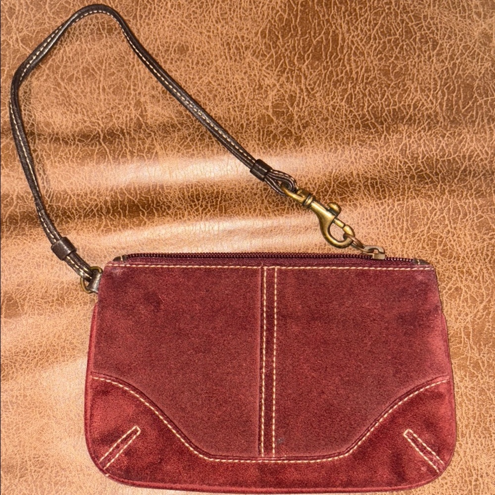 Coach Burgundy/Brown Velvet Wristlet with Gold Hardware